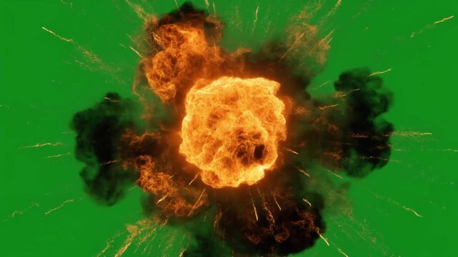 Fiery explosion burst with burning flames isolated on green screen background for cinematic destruction scenes