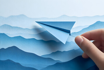 Paper airplane flying over abstract layered mountains symbolizing creativity freedom and future vision