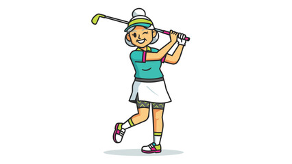 Fototapeta premium Cartoon Woman Golfer Swinging Club During Game.