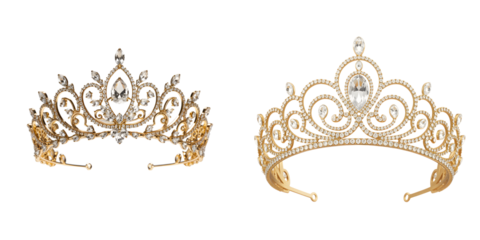 Two luxurious tiaras with intricate designs and sparkling gemstones isolated on transparent background