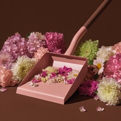 Pink dustpan filled with flower petals against a brown backdrop