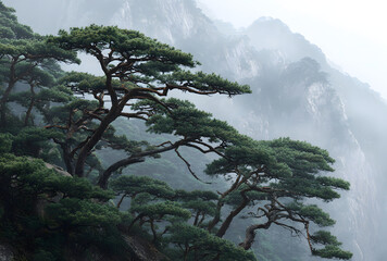Misty mountain landscape with ancient pine tree and soft fog in serene nature scene