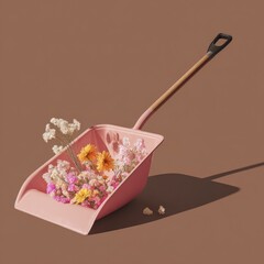 Pink dustpan holds colorful flowers against a tan background, casting a shadow