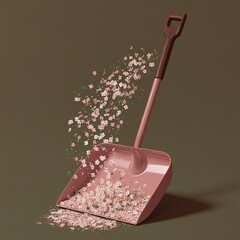 Pink dustpan overflows with floating flower petals on a muted, warm background