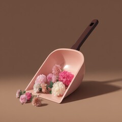 Pink dustpan filled with colorful blossoms on a tan backdrop