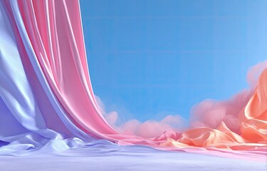 Draped cloth in dreamy pastels with clouds against a blue sky background