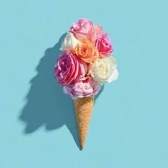 Flowers in ice cream cone on blue