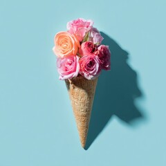 Floral ice cream roses filling a cone against light blue backdrop, stark shadow