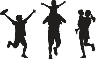 Happy Family Jumping Silhouette Illustration, Parents and Children Celebrating Together, Black Vector Design