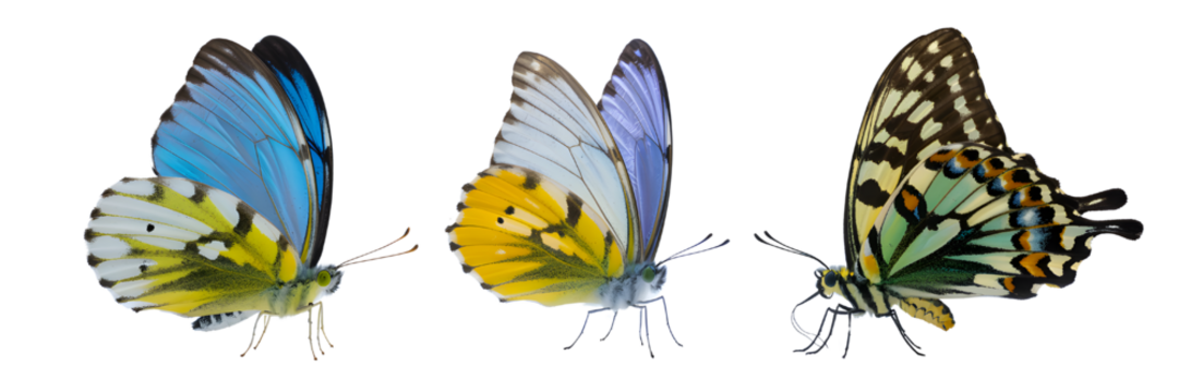 Three colorful butterflies flying in a row isolated on transparent background - Powered by Adobe