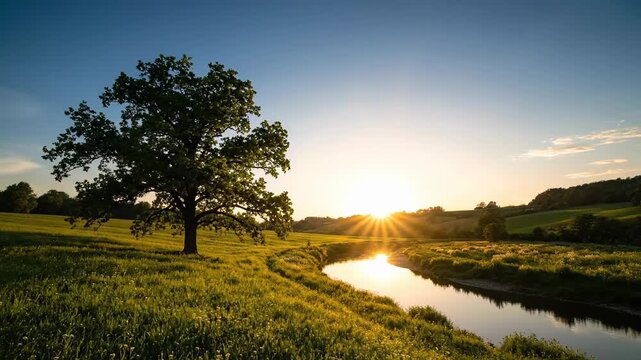Serene River Flows Through Lush Green Landscape at Golden Hour.