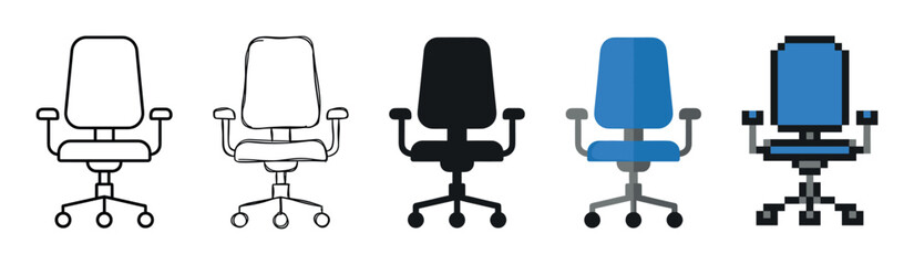 Set of office chair icons in various design styles including clean line art, hand-drawn sketch, solid silhouette, flat color, and retro pixel art for graphic design