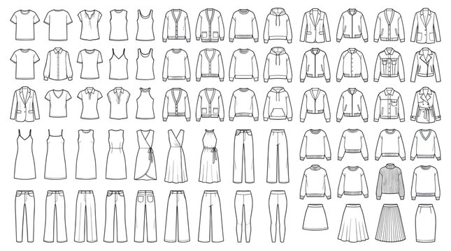 Large collection of women's clothing technical sketches showing various styles of tops, pants, dresses, and jackets in a black and white line art illustration for fashion design