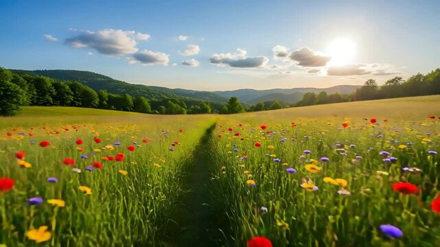 A serene landscape of a vibrant field of wildflowers under a sunny blue sky with rolling hills and trees in the background