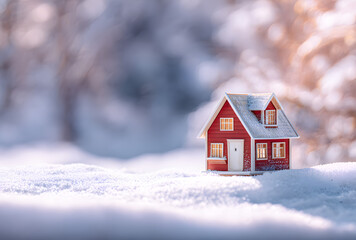 Small red house model on snowy winter landscape with soft light and cozy atmosphere