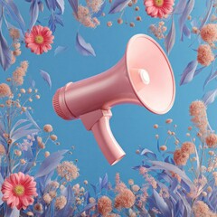 Pink megaphone floating in a pastel floral arrangement, blue background