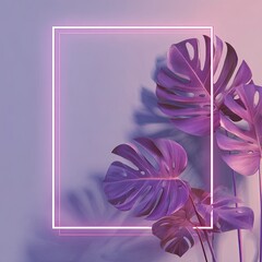 Monstera leaves with a glowing square frame on a purple gradient background
