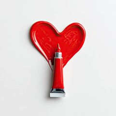 Red paint heart shape with tube, vibrant color, on clean white surface