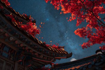 Traditional asian temple roof with red maple leaves under starry night sky and milky way