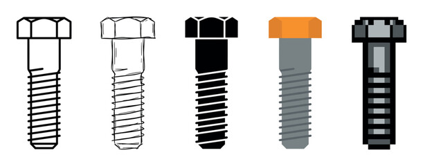 Set of five hex bolt illustrations presented in various artistic styles, including line art, hand-drawn sketch, silhouette, flat design, and a pixel art graphic