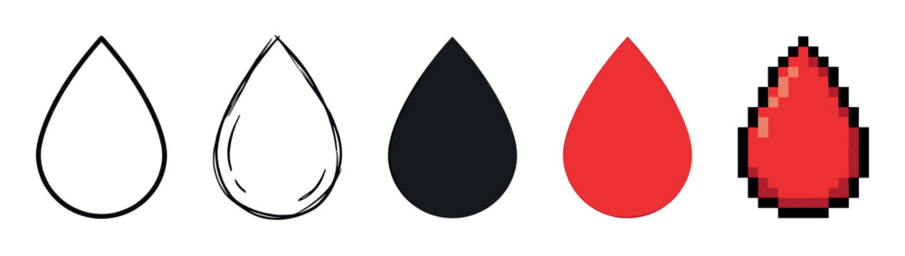 Collection of five droplet icons in various artistic styles including a simple outline, hand-drawn sketch, solid black silhouette, flat red shape, and a retro 8-bit pixel art version