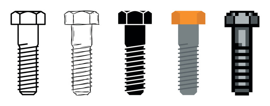 Set of five hex bolt illustrations presented in various artistic styles, including line art, hand-drawn sketch, silhouette, flat design, and a pixel art graphic