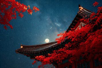 Traditional asian temple roof with red maple leaves under starry night sky and milky way