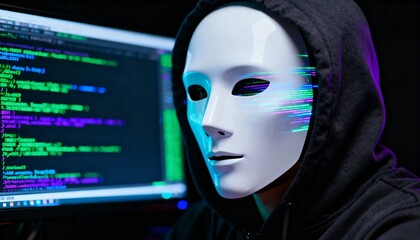 Anonymous Hacker in Black Hoodie Wearing White Mask Reflecting Code on Screen, High-Tech Cyber Security Background Wallpaper with Copy Space