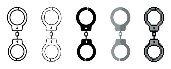 Set of five handcuff icons in different graphic styles including line art, sketch, silhouette, flat design, and pixel art for law enforcement and justice concepts