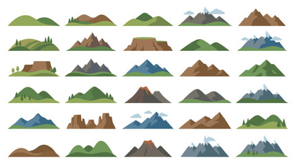 Large collection of mountain and hill icons in a simple flat cartoon style, featuring various landforms like rocky peaks, snowy caps, green landscapes, and volcanoes