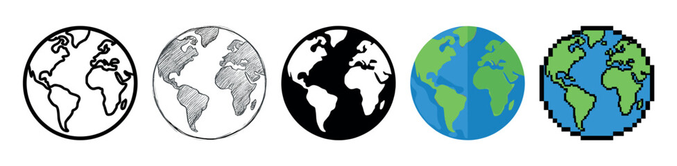 Set of five planet Earth globes presented in a row shows a variety of graphic styles including simple line art, a hand-drawn sketch, a silhouette, flat design, and pixel art