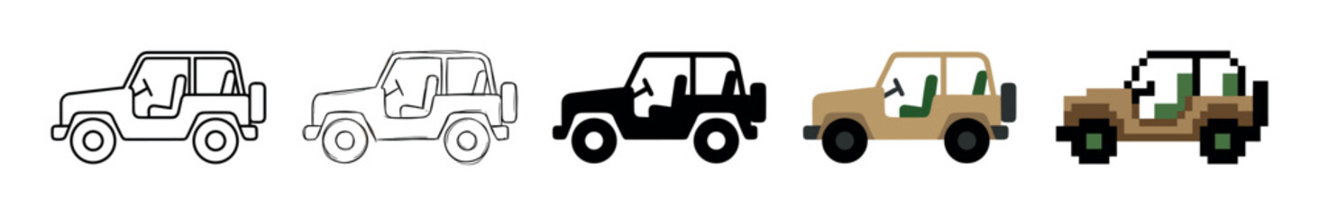 Fototapeta premium Collection of five off-road vehicle icons presented in a row, showcasing various graphic styles like clean outline, hand-drawn sketch, solid silhouette, flat color, and retro pixel art