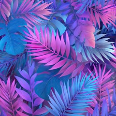 Neon tropical foliage, vibrant blue and pink leaves in a dense, lush pattern