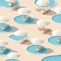 Pool pattern White parasols & wooden lounge chairs by small turquoise pools