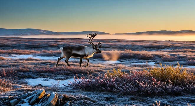 Majestic reindeer walking through a frosty misty tundra at sunrise.