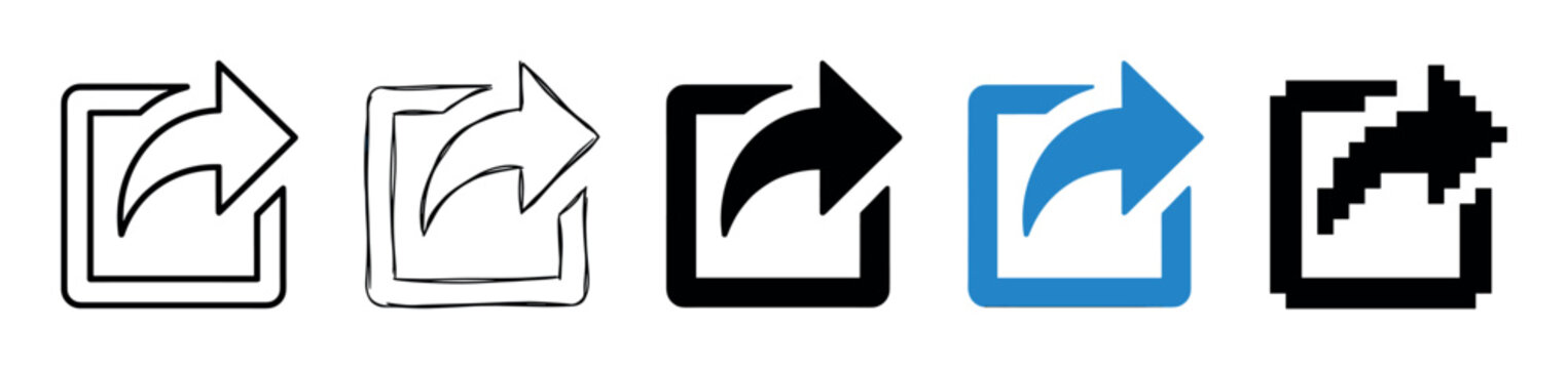 Collection of share and export icons in various design styles including outline, hand-drawn, solid glyph, blue color, and retro 8-bit pixel art for user interface elements