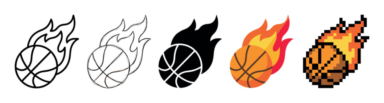 Set of flaming basketball icons showing different graphic styles including outline, silhouette, flat color, and pixel art for sports and gaming design elements