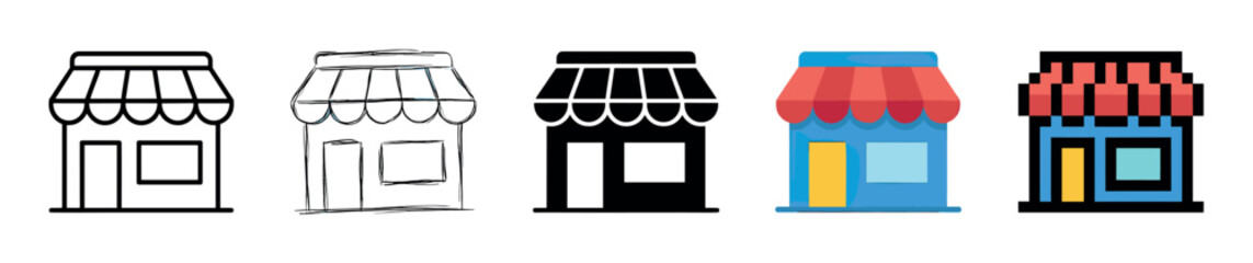 Collection of five store front icons presented in a row, showcasing different graphic styles including line art, sketch, silhouette, flat design, and pixel art illustration