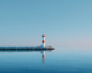 Lonely lighthouse reflected on calm sea at twilight with soft pastel sky and minimal seascape