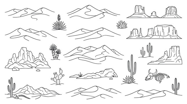 Set of desert landscape line art illustrations featuring minimalist icons of sand dunes, cacti, mesas, canyons, and animal skeletons for western-themed graphic design