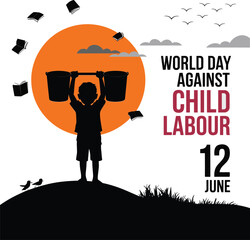 Silhouette of child carrying buckets with books falling from sky on Day Against Child Labour
