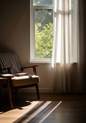 Fototapeta premium Sunlit stillness, serene reading corner by the window with wooden chair