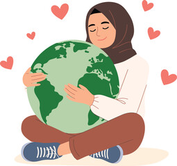 Woman in Hijab Hugging a Green Globe with Floating Hearts