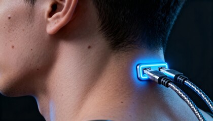 Futuristic 3D Render Background: Close-up of a person's neck with glowing blue USB ports and cables, symbolizing high-tech human augmentation and data connection, perfect for a hacker wallpaper with