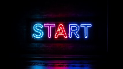 Vibrant neon sign with glowing START message on dark brick wall background
