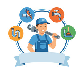 Plumber with wrench offering repair and maintenance services