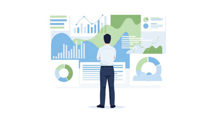 Fototapeta premium Man Analyzing Data Visualizations on Wall Screens