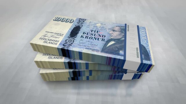 Iceland krona Icelandic money pile pack. Concept background of economy, banking, business, crisis, recession, debt and finance. 10000 ISK banknotes stacks 3d.