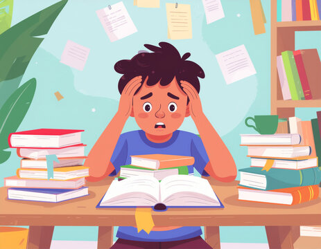 Kid Overwhelmed by Homework Vector Illustration