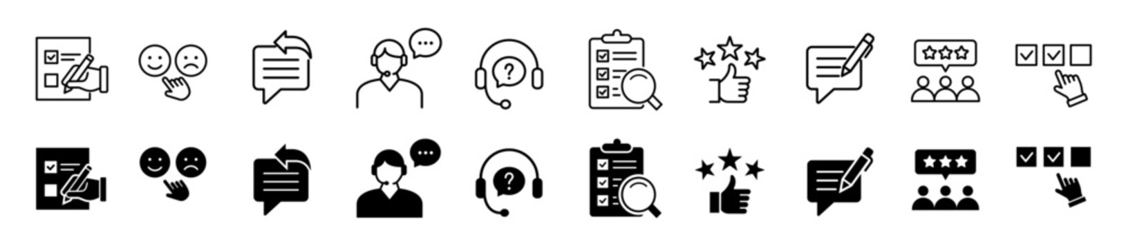 Survey icon set. Review and research symbol. Vector illustration.